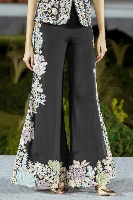 Shop Mishru Black Organza Embroidery Off-shoulder Pant Set Online at Aza Fashions Shop_Mishru_Black Organza Embroidery Off-shoulder Pant Set _Online_at_Aza_Fashions