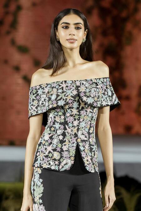 Mishru Black Organza Embroidery Off-shoulder Pant Set at Aza Fashions Mishru_Black Organza Embroidery Off-shoulder Pant Set _at_Aza_Fashions