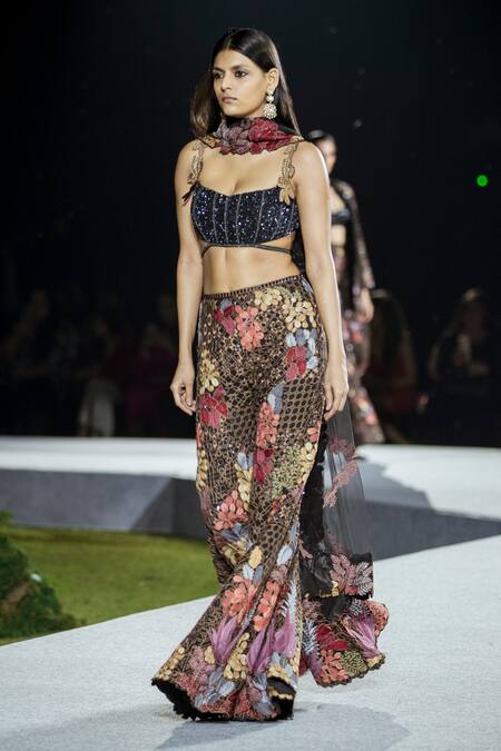 Mishru_Black Organza Embroidery Scoop Neck Dianthus Floral Sharara Set _Online_at_Aza_Fashions