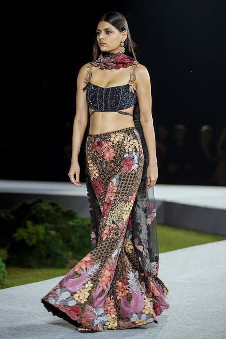 Buy_Mishru_Black Organza Embroidery Scoop Neck Dianthus Floral Sharara Set _Online_at_Aza_Fashions