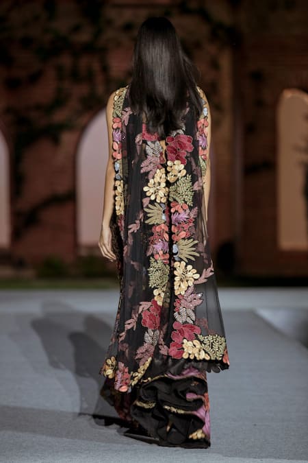 Shop_Mishru_Black Organza Embroidery Scoop Neck Dianthus Floral Sharara Set _at_Aza_Fashions