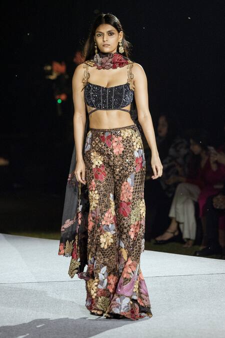 Shop_Mishru_Black Organza Embroidery Scoop Neck Dianthus Floral Sharara Set _Online_at_Aza_Fashions