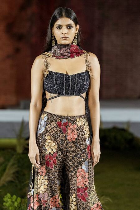 Mishru_Black Organza Embroidery Scoop Neck Dianthus Floral Sharara Set _at_Aza_Fashions