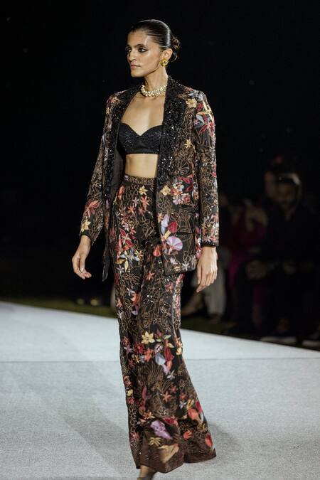 Mishru_Black Organza Embroidery V-neck Kelly Floral Blazer Set _Online_at_Aza_Fashions