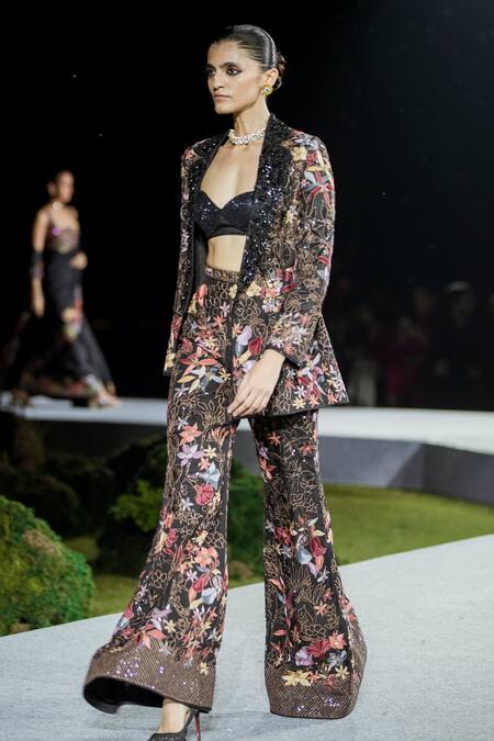 Buy_Mishru_Black Organza Embroidery V-neck Kelly Floral Blazer Set _Online_at_Aza_Fashions