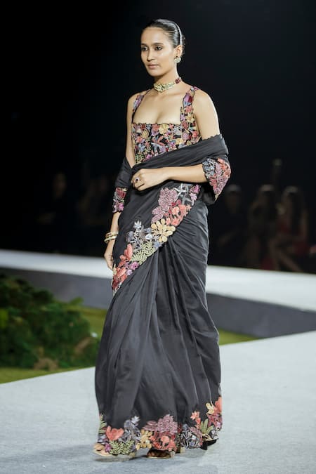 Mishru Floral Embroidered Black Saree Set 