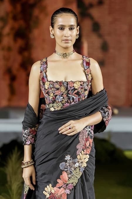 Mishru_Black Silk Embroidery Square Neck Floral Saree Set _Online_at_Aza_Fashions