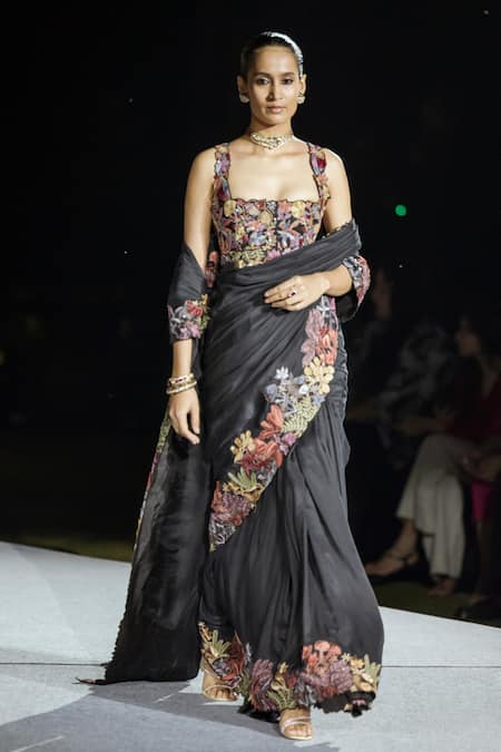 Buy_Mishru_Black Silk Embroidery Square Neck Floral Saree Set _Online_at_Aza_Fashions