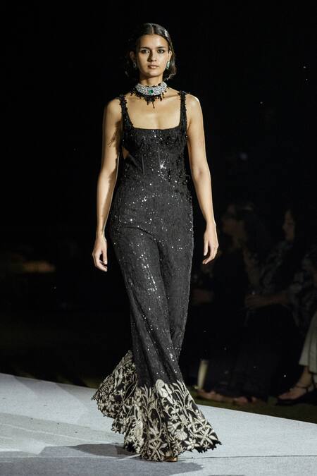 Buy Mishru Black Tulle Sequins, Embroidery Square Neck Dasha Jumpsuit Online at Aza Fashions Buy_Mishru_Black Tulle Sequins, Embroidery Square Neck Dasha Jumpsuit _Online_at_Aza_Fashions