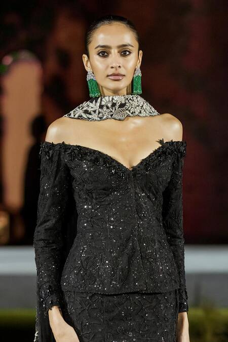 Mishru_Black Tulle Sequins, Embroidery Off-shoulder Irina Lehenga Set _Online_at_Aza_Fashions