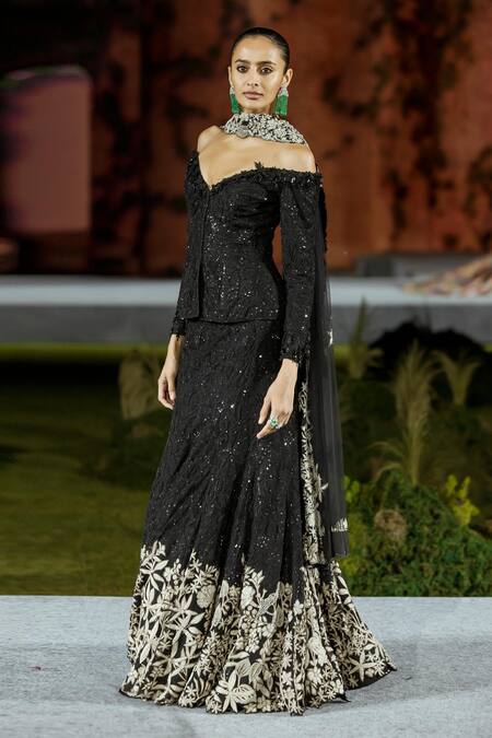 Buy_Mishru_Black Tulle Sequins, Embroidery Off-shoulder Irina Lehenga Set _Online_at_Aza_Fashions