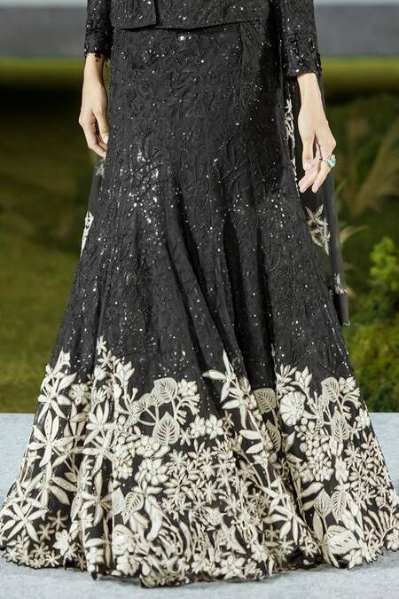 Shop_Mishru_Black Tulle Sequins, Embroidery Off-shoulder Irina Lehenga Set _Online_at_Aza_Fashions