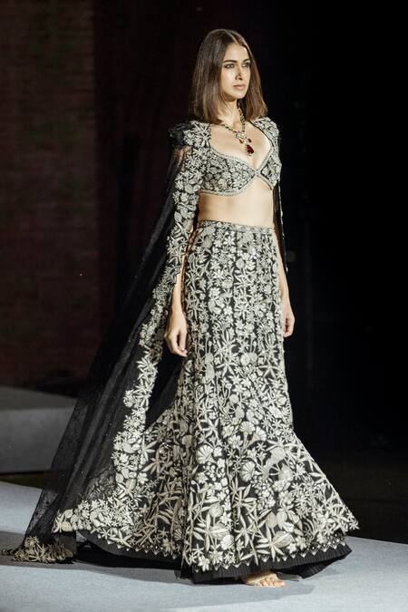 Mishru Black Silk, Tulle Embroidery Sweetheart Neck Sylvi Lehenga Set With Cape Online at Aza Fashions Mishru_Black Silk, Tulle Embroidery Sweetheart Neck Sylvi Lehenga Set With Cape _Online_at_Aza_Fashions