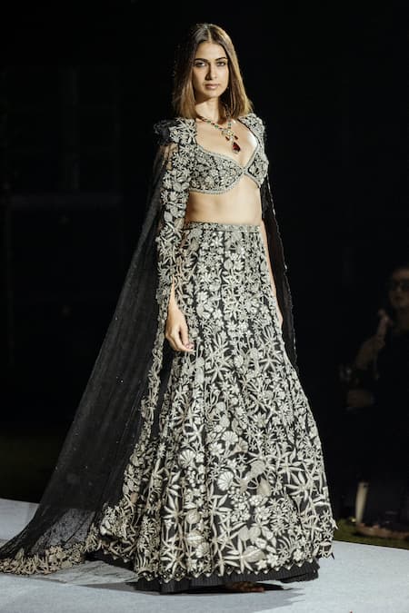 Shop Mishru Black Silk, Tulle Embroidery Sweetheart Neck Sylvi Lehenga Set With Cape at Aza Fashions Shop_Mishru_Black Silk, Tulle Embroidery Sweetheart Neck Sylvi Lehenga Set With Cape _at_Aza_Fashions