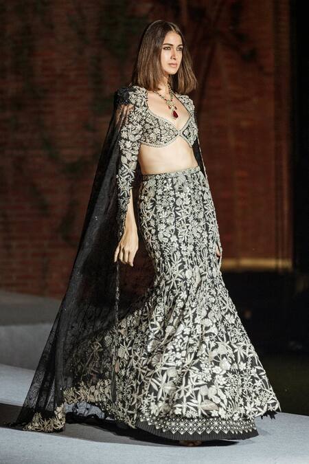 Shop Mishru Black Silk, Tulle Embroidery Sweetheart Neck Sylvi Lehenga Set With Cape Online at Aza Fashions Shop_Mishru_Black Silk, Tulle Embroidery Sweetheart Neck Sylvi Lehenga Set With Cape _Online_at_Aza_Fashions