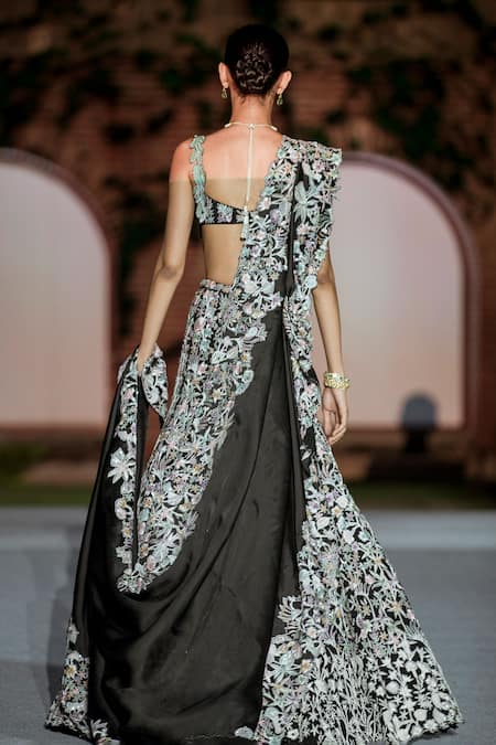 Shop Mishru Black Organza Embroidery Round Neck Vivien Floral Lehenga Set at Aza Fashions Shop_Mishru_Black Organza Embroidery Round Neck Vivien Floral Lehenga Set _at_Aza_Fashions