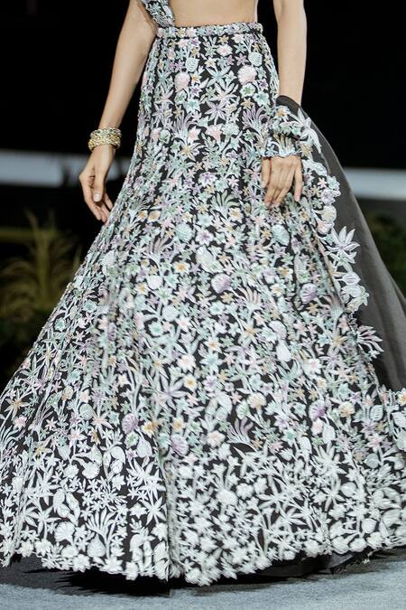 Mishru Black Organza Embroidery Round Neck Vivien Floral Lehenga Set Online at Aza Fashions Mishru_Black Organza Embroidery Round Neck Vivien Floral Lehenga Set _Online_at_Aza_Fashions