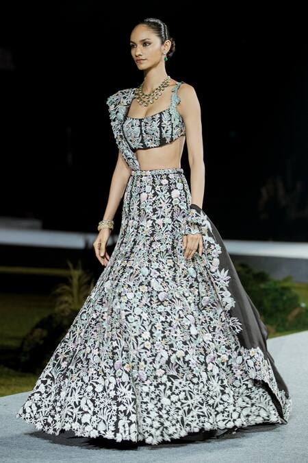 Buy Mishru Black Organza Embroidery Round Neck Vivien Floral Lehenga Set Online at Aza Fashions Buy_Mishru_Black Organza Embroidery Round Neck Vivien Floral Lehenga Set _Online_at_Aza_Fashions