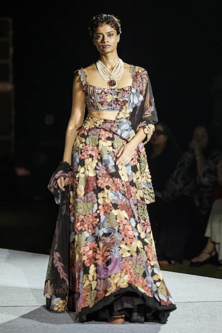 Shop Mishru Multi Color Organza Embroidery Square Neck Marxii Floral Lehenga Set at Aza Fashions Shop_Mishru_Multi Color Organza Embroidery Square Neck Marxii Floral Lehenga Set _at_Aza_Fashions