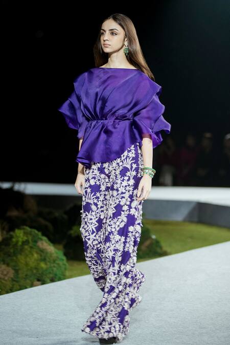 Mishru_Purple Silk Embroidery Round Neck Raw Elin Pants Set _Online_at_Aza_Fashions
