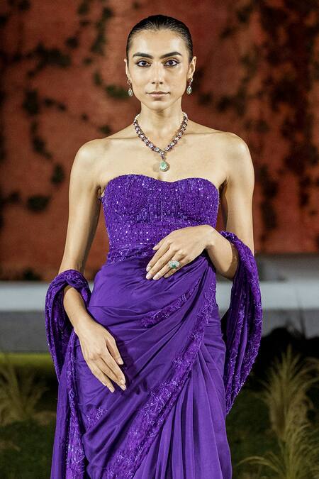 Mishru_Purple Silk Sequins, Embroidery Sweetheart Neck Bella Saree Set _Online_at_Aza_Fashions