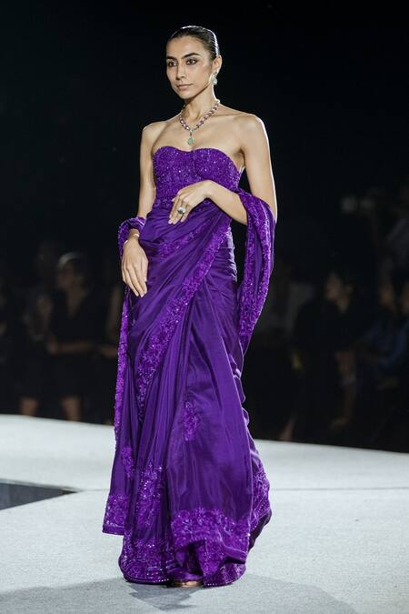 Shop_Mishru_Purple Silk Sequins, Embroidery Sweetheart Neck Bella Saree Set _Online_at_Aza_Fashions