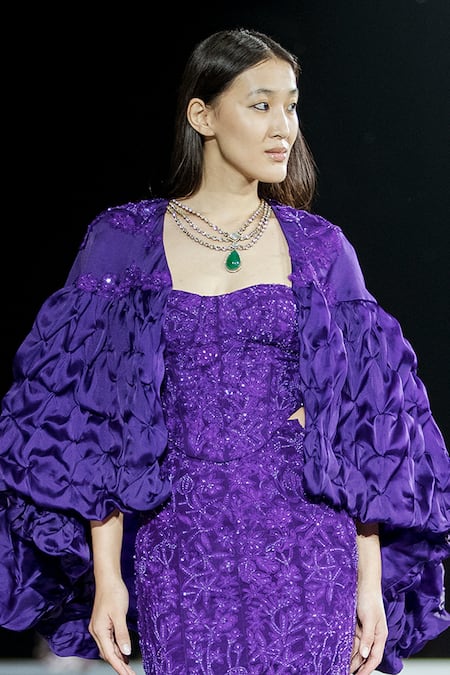 Mishru Purple Tulle, Organza Embroidery Round Neck Maryse Cape Lehenga Set Online at Aza Fashions Mishru_Purple Tulle, Organza Embroidery Round Neck Maryse Cape Lehenga Set _Online_at_Aza_Fashions