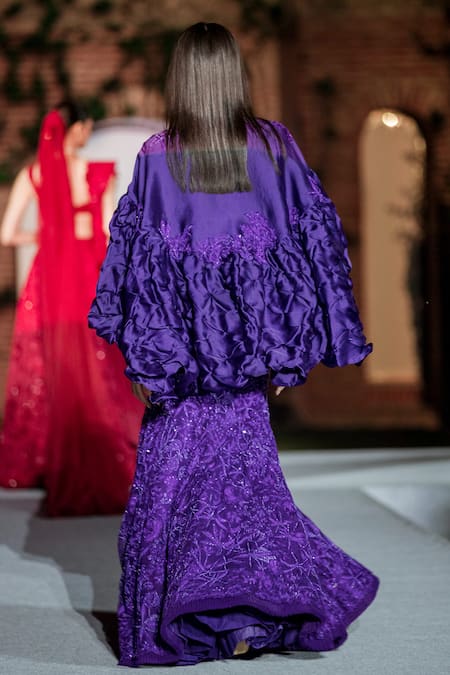 Shop Mishru Purple Tulle, Organza Embroidery Round Neck Maryse Cape Lehenga Set at Aza Fashions Shop_Mishru_Purple Tulle, Organza Embroidery Round Neck Maryse Cape Lehenga Set _at_Aza_Fashions