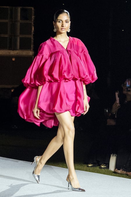 Buy_Mishru_Fuchsia Organza V-neck Emily Dress _Online_at_Aza_Fashions