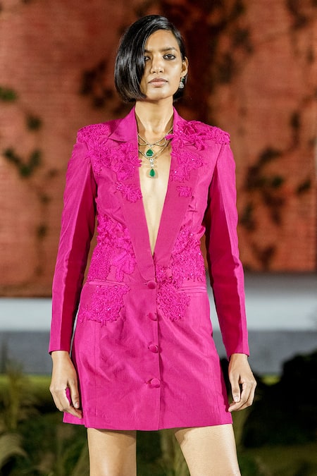 Mishru_Fuchsia Organza Embroidery Plunge Neck Mindy Blazer Dress _Online_at_Aza_Fashions