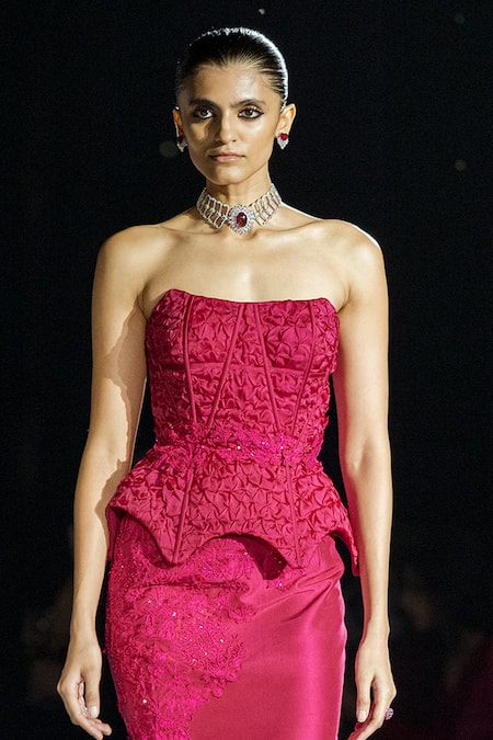 Mishru_Fuchsia Silk, Organza Embroidery Sweetheart Neck Carrie Lace Corset And Skirt Set _Online_at_Aza_Fashions