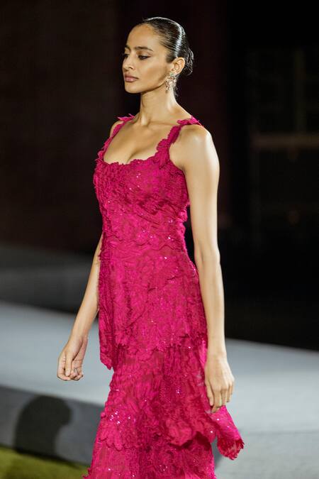 Mishru_Fuchsia Chiffon Sequins, Embroidery Square Neck Mischa Tiered Lace Gown _Online_at_Aza_Fashions