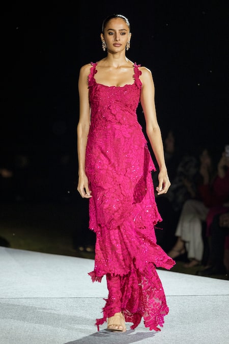 Mishru Mischa Fuchsia Tiered Lace Gown 