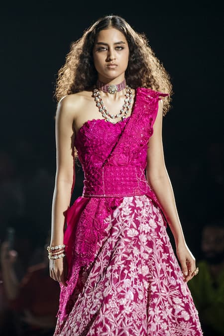 Mishru Fuchsia Organza Embroidery Asymmetric Selita Lehenga Set Online at Aza Fashions Mishru_Fuchsia Organza Embroidery Asymmetric Selita Lehenga Set _Online_at_Aza_Fashions