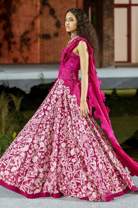 Shop Mishru Fuchsia Organza Embroidery Asymmetric Selita Lehenga Set at Aza Fashions Shop_Mishru_Fuchsia Organza Embroidery Asymmetric Selita Lehenga Set _at_Aza_Fashions