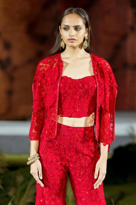 Mishru Red Organza Lace, Embroidery Maine Sharara And Corset Cape Set Online at Aza Fashions Mishru_Red Organza Lace, Embroidery Maine Sharara And Corset Cape Set _Online_at_Aza_Fashions