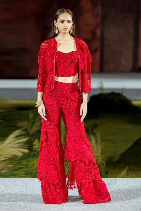 Shop Mishru Red Organza Lace, Embroidery Maine Sharara And Corset Cape Set at Aza Fashions Shop_Mishru_Red Organza Lace, Embroidery Maine Sharara And Corset Cape Set _at_Aza_Fashions