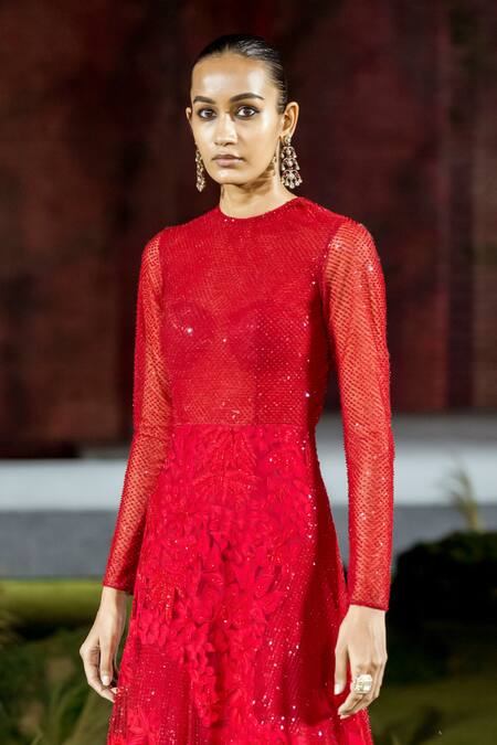 Mishru Red Tulle Sequins High Neck Anna Gown Online at Aza Fashions Mishru_Red Tulle Sequins High Neck Anna Gown _Online_at_Aza_Fashions