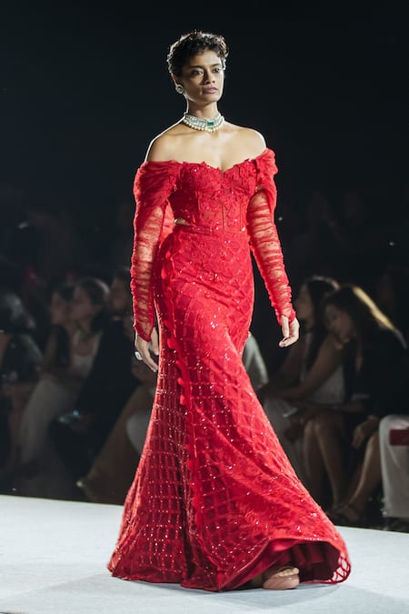 Shop Mishru Red Tulle Embroidery Off-shoulder Diana Lehenga Set at Aza Fashions Shop_Mishru_Red Tulle Embroidery Off-shoulder Diana Lehenga Set _at_Aza_Fashions