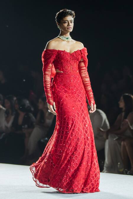 Mishru Red Tulle Embroidery Off-shoulder Diana Lehenga Set Online at Aza Fashions Mishru_Red Tulle Embroidery Off-shoulder Diana Lehenga Set _Online_at_Aza_Fashions