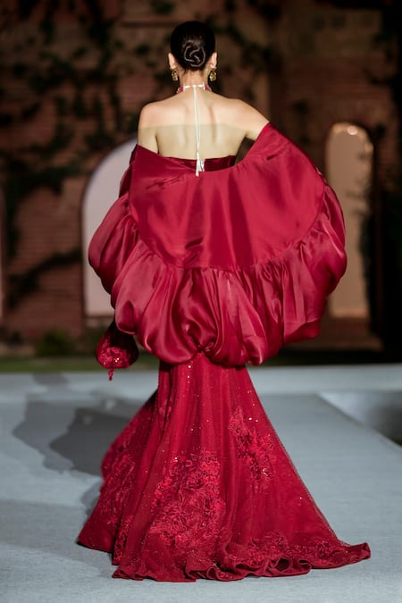 Shop Mishru Red Tulle, Organza Sequins, Embroidery Sweetheart Neck And Audrey Lehenga Set at Aza Fashions Shop_Mishru_Red Tulle, Organza Sequins, Embroidery Sweetheart Neck And Audrey Lehenga Set _at_Aza_Fashions