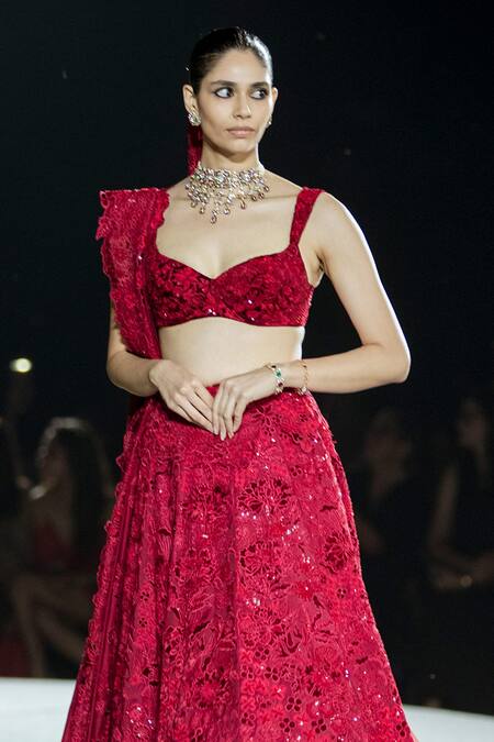 Mishru Red Organza Sequins, Embroidery Sweetheart Neck Ellisiana Lehenga Set Online at Aza Fashions Mishru_Red Organza Sequins, Embroidery Sweetheart Neck Ellisiana Lehenga Set _Online_at_Aza_Fashions