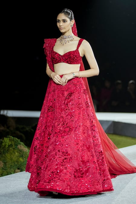 Shop Mishru Red Organza Sequins, Embroidery Sweetheart Neck Ellisiana Lehenga Set at Aza Fashions Shop_Mishru_Red Organza Sequins, Embroidery Sweetheart Neck Ellisiana Lehenga Set _at_Aza_Fashions