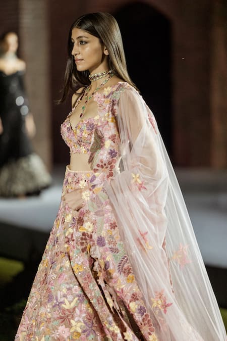 Mishru_Brown Organza Embroidery V-neck Husna Mia Lehenga Set _Online_at_Aza_Fashions