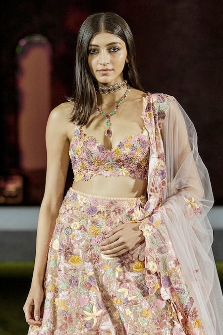 Buy_Mishru_Brown Organza Embroidery V-neck Husna Mia Lehenga Set _Online_at_Aza_Fashions