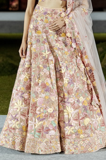 Shop_Mishru_Brown Organza Embroidery V-neck Husna Mia Lehenga Set _Online_at_Aza_Fashions