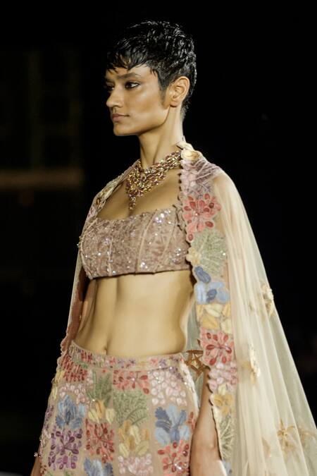 Mishru Brown Tulle Sequins, Embroidery Round Neck Carrie Lehenga Set Online at Aza Fashions Mishru_Brown Tulle Sequins, Embroidery Round Neck Carrie Lehenga Set _Online_at_Aza_Fashions