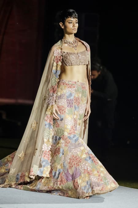 Shop Mishru Brown Tulle Sequins, Embroidery Round Neck Carrie Lehenga Set at Aza Fashions Shop_Mishru_Brown Tulle Sequins, Embroidery Round Neck Carrie Lehenga Set _at_Aza_Fashions