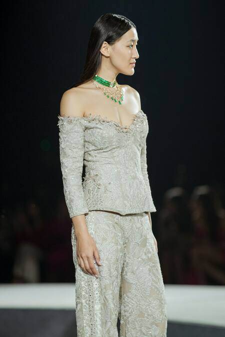 Mishru Cream Organza Beads, Embroidery Off-shoulder Champagne Peplum Corset And Pant Set Online at Aza Fashions Mishru_Cream Organza Beads, Embroidery Off-shoulder Champagne Peplum Corset And Pant Set _Online_at_Aza_Fashions