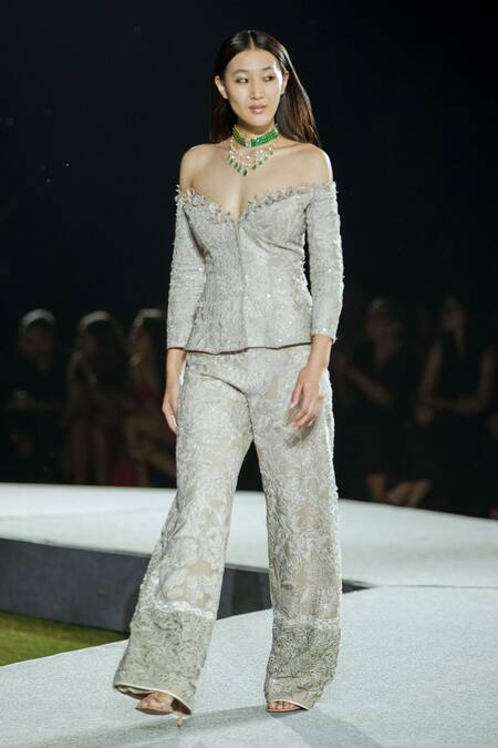 Buy Mishru Cream Organza Beads, Embroidery Off-shoulder Champagne Peplum Corset And Pant Set Online at Aza Fashions Buy_Mishru_Cream Organza Beads, Embroidery Off-shoulder Champagne Peplum Corset And Pant Set _Online_at_Aza_Fashions